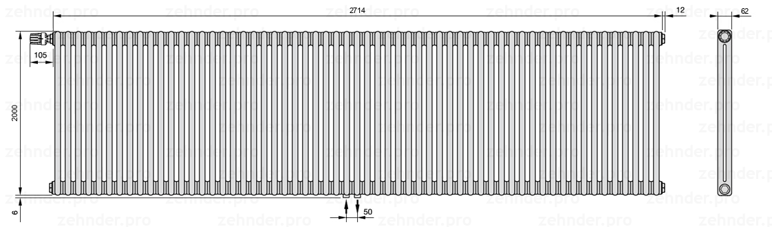 Схема (чертеж) Радиатор Zehnder Charleston 2200/59 №V007 Белый глянцевый RAL 9016